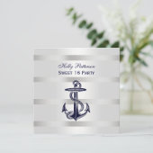 Nautical Navy Blue Anchor Silver Wt BG SQ Sweet 16 Invitation (Standing Front)