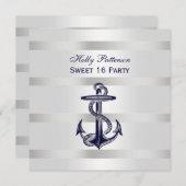 Nautical Navy Blue Anchor Silver Wt BG SQ Sweet 16 Invitation (Front/Back)