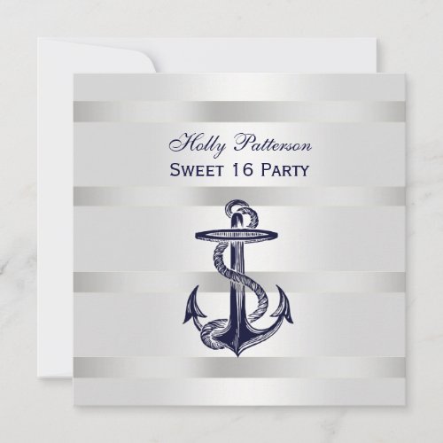 Nautical Navy Blue Anchor Silver Wt BG SQ Sweet 16 Invitation