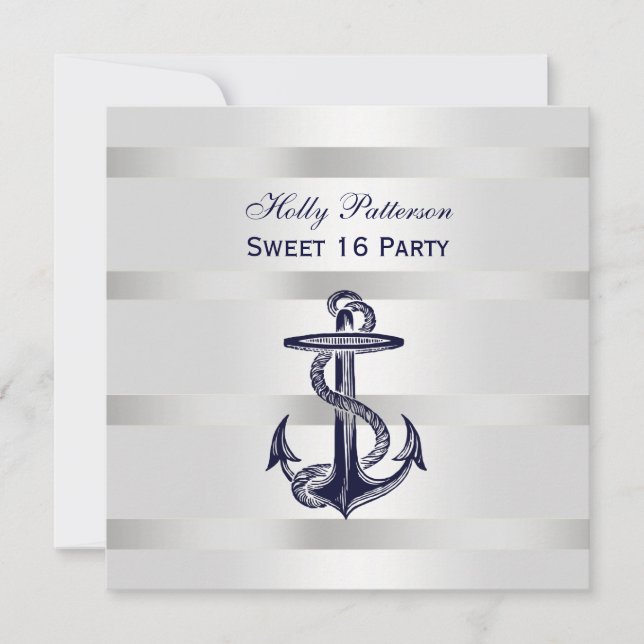 Nautical Navy Blue Anchor Silver Wt BG SQ Sweet 16 Invitation (Front)