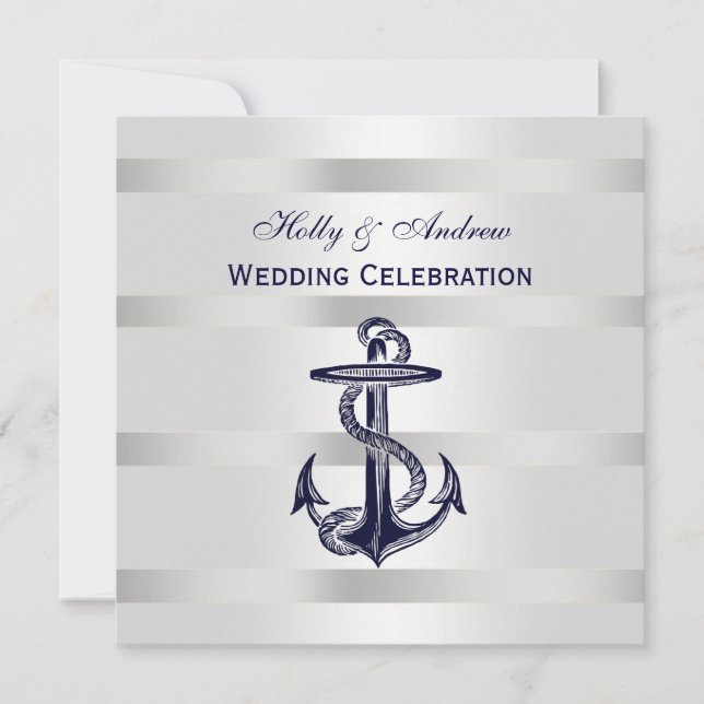Nautical Navy Blue Anchor Silver Wt BG SQ Wedding Invitation (Front)