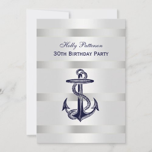 Nautical Navy Blue Anchor Silver Wt BG V Birthday Invitation