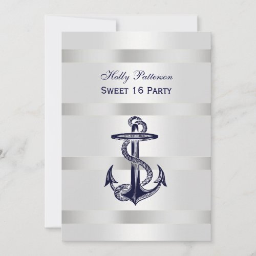 Nautical Navy Blue Anchor Silver Wt BG V Sweet 16 Invitations