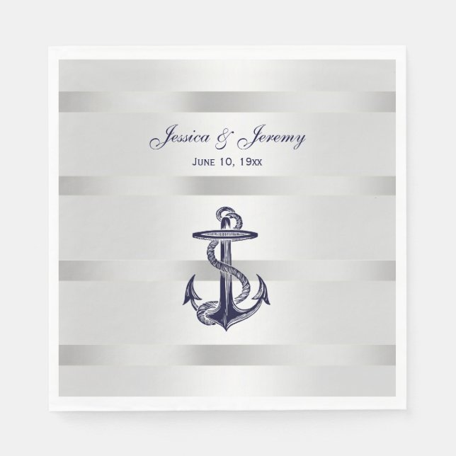 Nautical Navy Blue Anchor Silver Wt BG Wedding Napkins (Front)