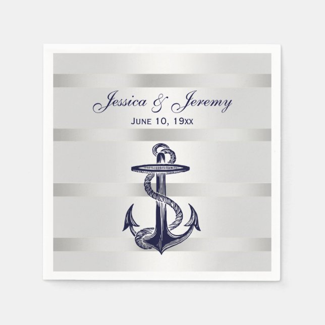 Nautical Navy Blue Anchor Silver Wt BG Wedding Napkins (Front)