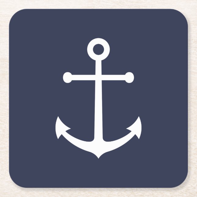 Nautical Navy Blue Anchor Square Paper Coaster (Front)