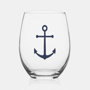 Nautical Navy Blue Anchor Stemless Wine Glass