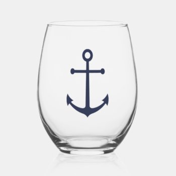 Nautical Navy Blue Anchor Stemless Wine Glass by manadesignco at Zazzle