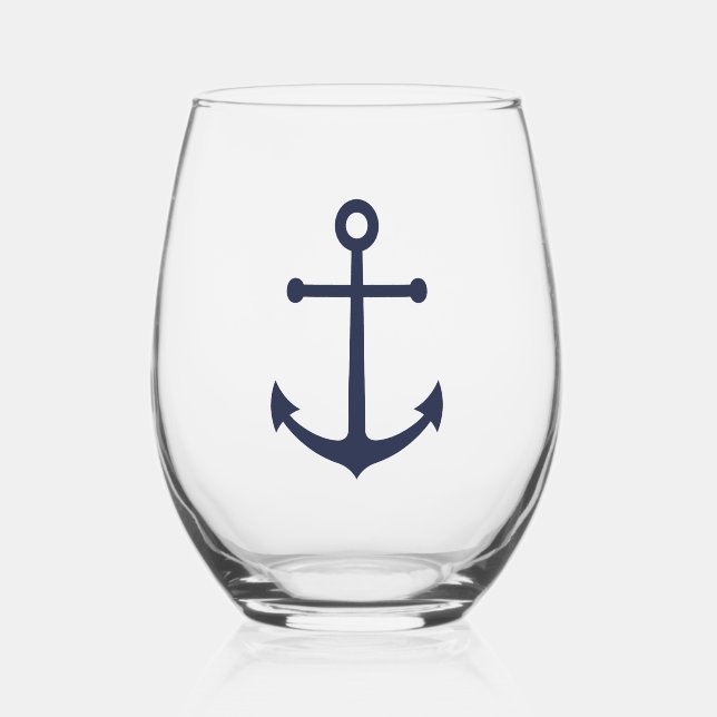 Nautical Navy Blue Anchor Stemless Wine Glass (Front)
