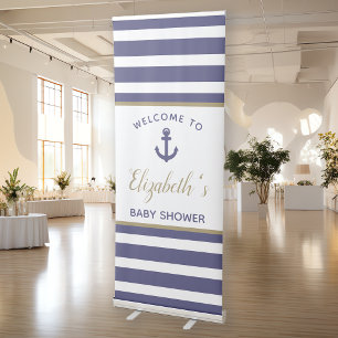 Nautical Navy Blue Anchor Striped Boy Baby Shower  Retractable Banner