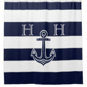 Nautical Navy Blue Anchor Striped Monogram Name  Shower Curtain