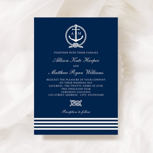 Nautical Navy Blue Anchor Stripes Wedding Monogram Invitation