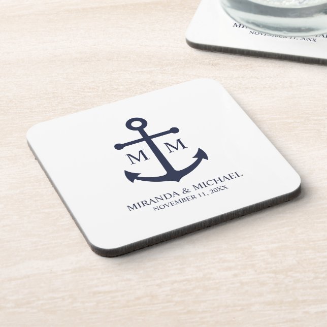 Nautical Navy Blue Anchor Wedding Beverage Coaster (Left Side)