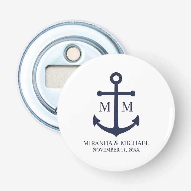 Nautical Navy Blue Anchor Wedding Bottle Opener (Front)
