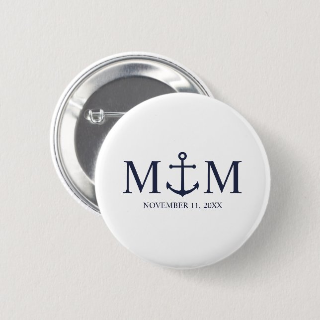 Nautical Navy Blue Anchor Wedding Button (Front & Back)