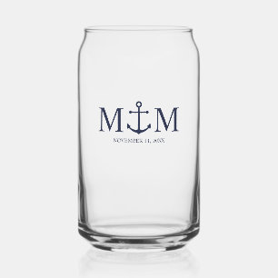 Nautical Navy Blue Anchor Wedding Can Glass