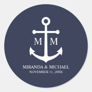 Nautical Navy Blue Anchor Wedding Classic Round Sticker