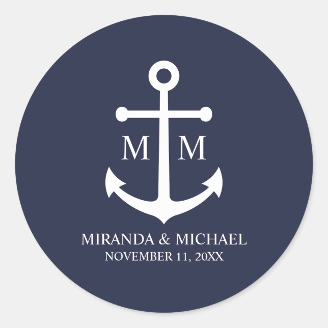 Nautical Navy Blue Anchor Wedding Classic Round Sticker (Front)
