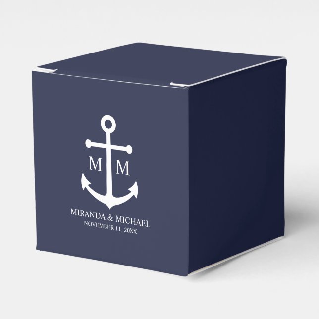 Nautical Navy Blue Anchor Wedding Favor Boxes (Front Side)