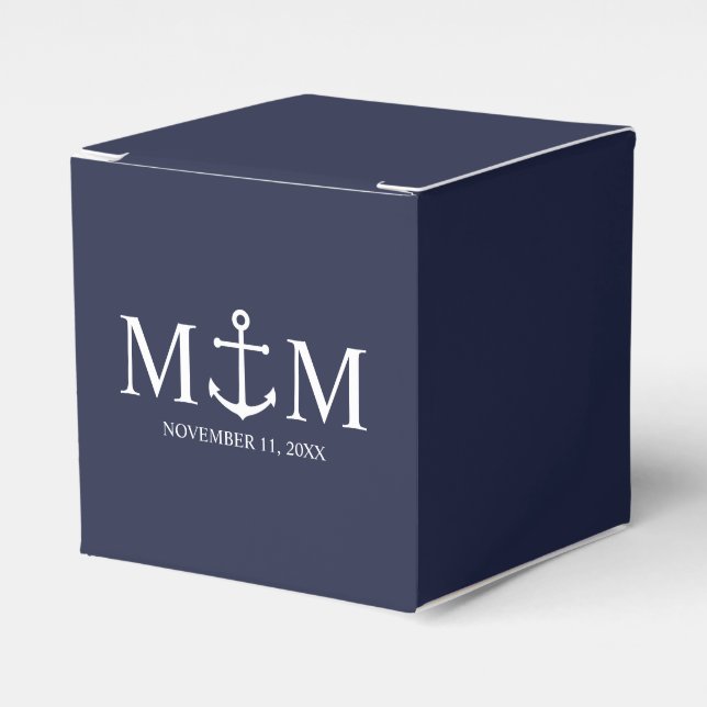 Nautical Navy Blue Anchor Wedding Favor Boxes (Front Side)