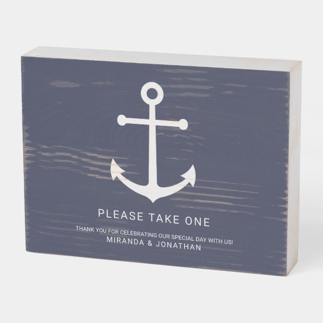 Nautical Navy Blue Anchor Wedding Favors Wooden Box Sign (Angled Horizontal)