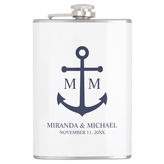 Nautical Navy Blue Anchor Wedding Flask (Front)