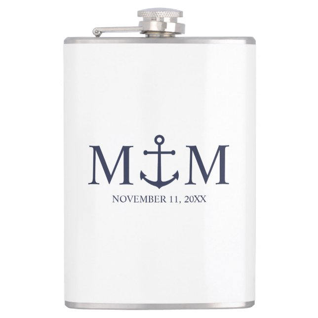 Nautical Navy Blue Anchor Wedding Flask (Front)