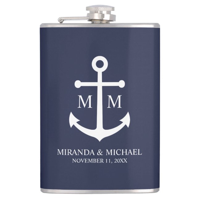 Nautical Navy Blue Anchor Wedding Flask (Front)