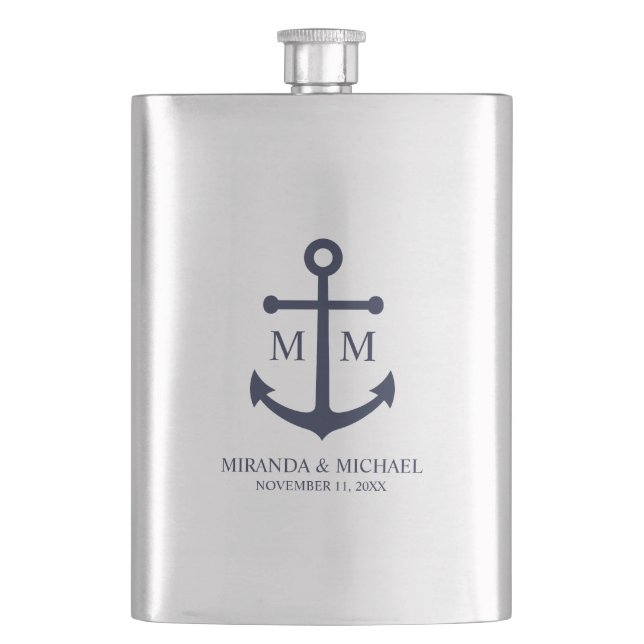 Nautical Navy Blue Anchor Wedding Flask (Front)