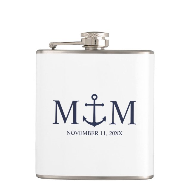 Nautical Navy Blue Anchor Wedding Flask (Front)
