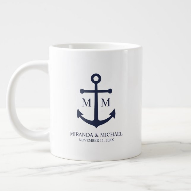 Nautical Navy Blue Anchor Wedding Giant Coffee Mug (Left)
