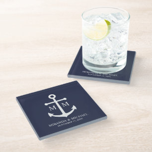 Nautical Navy Blue Anchor Wedding Glass Coaster