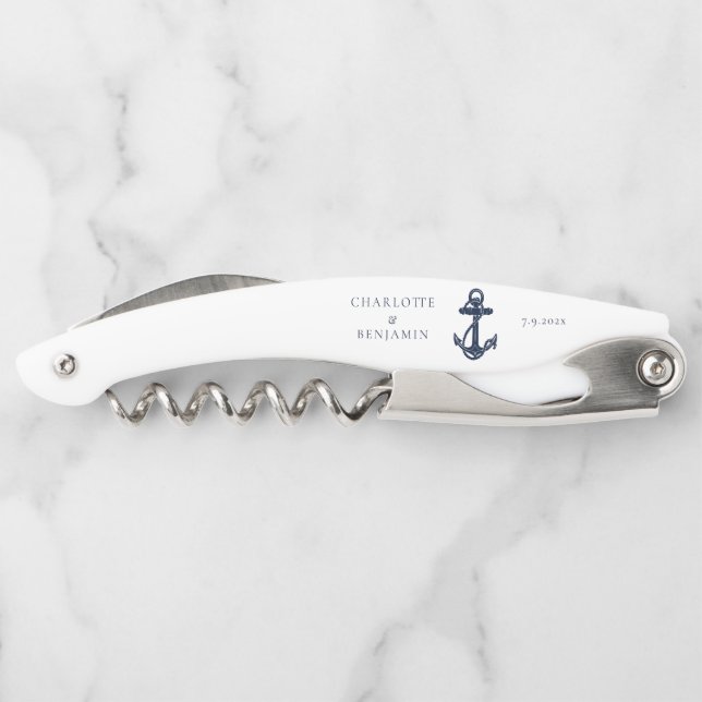 Nautical Navy Blue Anchor Wedding Groomsman Waiter's Corkscrew (Back)