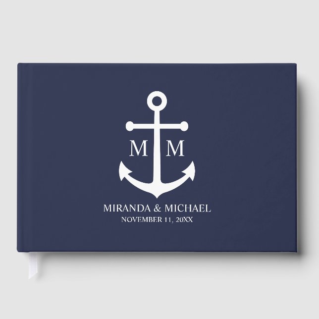 Nautical Navy Blue Anchor Wedding Guest Book (Front)