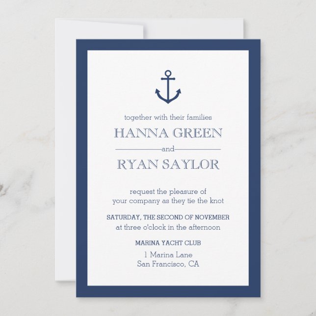 Nautical Navy Blue Anchor Wedding Invitation (Front)