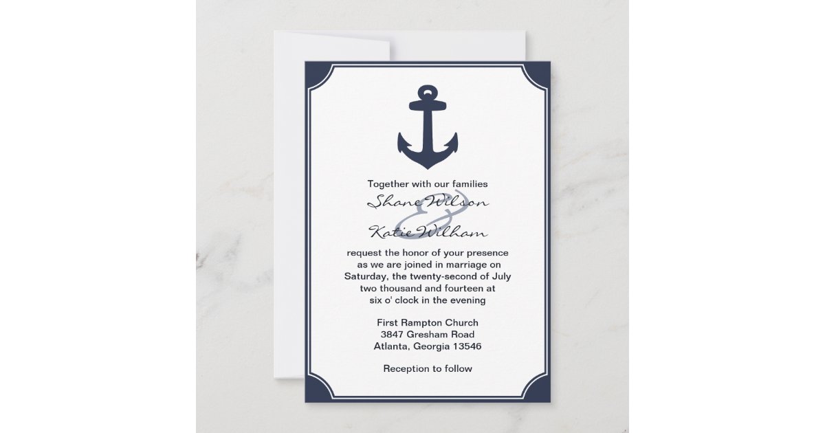 Nautical Navy Blue Anchor Wedding Invitation | Zazzle