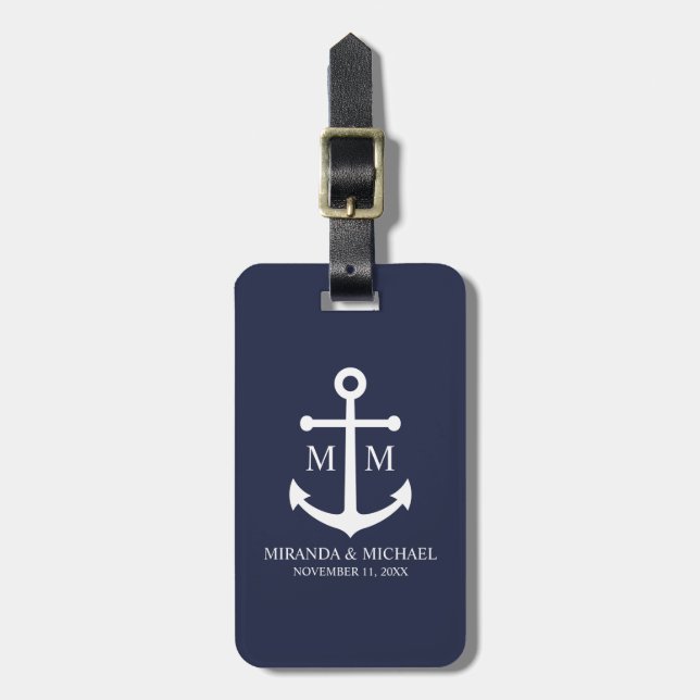 Nautical Navy Blue Anchor Wedding Luggage Tag (Front Vertical)