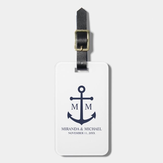 Nautical Navy Blue Anchor Wedding Luggage Tag (Front Vertical)