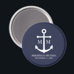 Nautical Navy Blue Anchor Wedding Magnet<br><div class="desc">Add a stylish touch to your nautical wedding with this classic navy blue anchor wedding favor. Designed with a white anchor illustration, it features personalized bride and groom monogram, name, and wedding date in a white serif font on a navy blue background. Perfect for nautical weddings, beach weddings and more....</div>