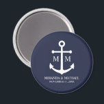 Nautical Navy Blue Anchor Wedding Magnet<br><div class="desc">Add a stylish touch to your nautical wedding with this classic navy blue anchor wedding favor. Designed with a white anchor illustration, it features personalized bride and groom monogram, name, and wedding date in a white serif font on a navy blue background. Perfect for nautical weddings, beach weddings and more....</div>