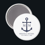 Nautical Navy Blue Anchor Wedding Magnet<br><div class="desc">Add a stylish touch to your nautical wedding with this classic navy blue anchor wedding favor. Designed with a navy blue anchor illustration, it features personalized bride and groom monogram, name, and wedding date in a navy blue serif font on a white background. Perfect for nautical weddings, beach weddings and...</div>