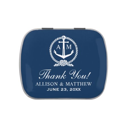 Nautical Navy Blue Anchor Wedding Monogram Jelly Belly Candy Tin