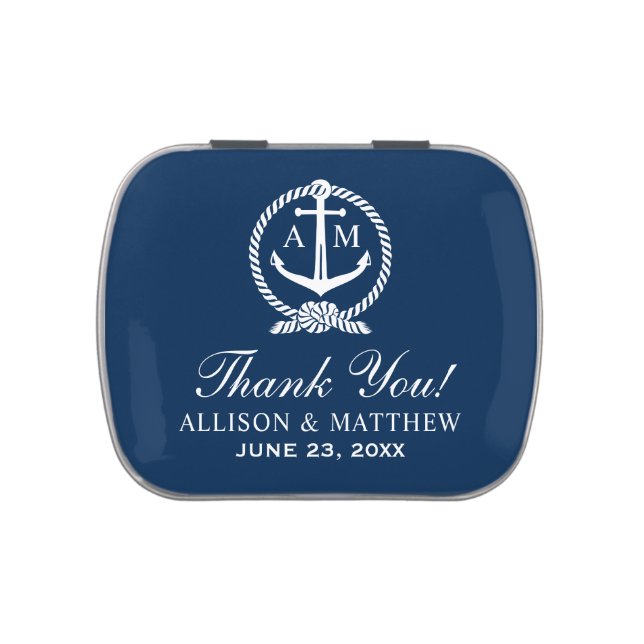 Nautical Navy Blue Anchor Wedding Monogram Jelly Belly Candy Tin (Top)