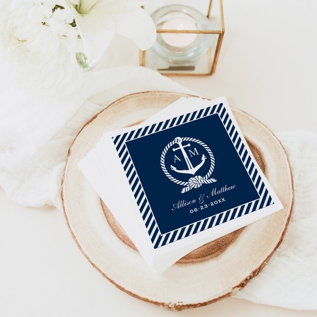Nautical Navy Blue Anchor Wedding Monogram Napkins (Creator Uploaded)