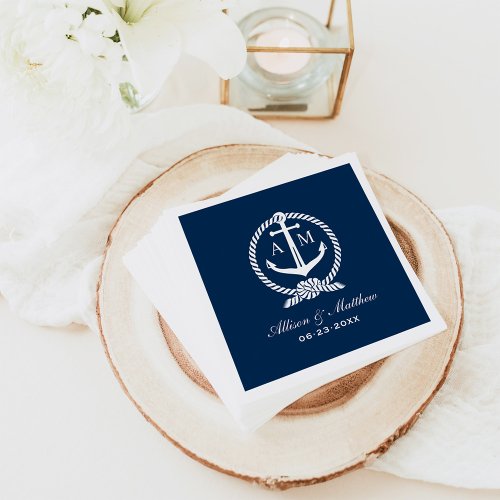 Nautical Navy Blue Anchor Wedding Monogram Paper Napkins