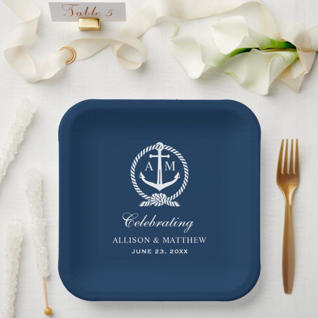 Nautical Navy Blue Anchor Wedding Monogram Paper Plates (Wedding)