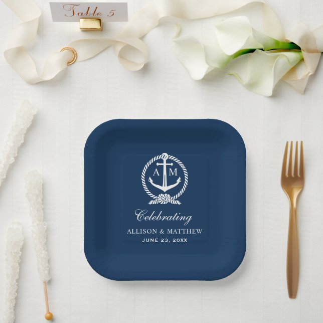 Nautical Navy Blue Anchor Wedding Monogram Paper Plates (Wedding)
