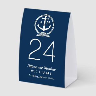 Nautical Navy Blue Anchor Wedding Monogram Paper Table Tent