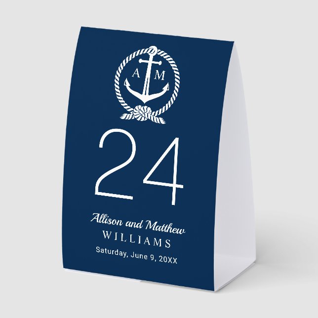 Nautical Navy Blue Anchor Wedding Monogram Paper Table Tent (Front)