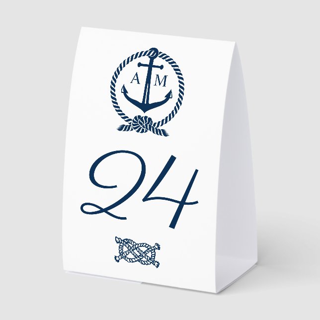 Nautical Navy Blue Anchor Wedding Monogram Paper Table Tent (Front)